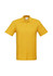 A yellow men's polo shirt featuring a collar and short sleeves, with a branding logo.