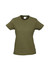 An olive green women's short sleeve tee with a simple design and a tag inside. It features a logo.