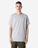 A heavyweight cotton unisex T-shirt in grey, featuring short sleeves and a relaxed fit. It has a logo on it.