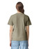 A green heavyweight adult T-shirt displayed from the back, featuring a simple design and short sleeves.