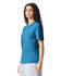 A blue heavyweight adult t-shirt on a model, featuring a round neckline and short sleeves.