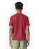 A red adult heavyweight T-shirt viewed from the back, paired with olive green shorts. The shirt has a logo on the back.