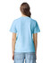 A back view of an adult heavyweight t-shirt in light blue, featuring a simple design and a branded logo.