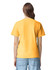 A yellow heavyweight adult t-shirt viewed from the back, featuring a simple design with a logo.