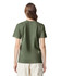 A back view of an olive green heavyweight adult T-shirt with short sleeves and a plain design.