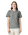 A grey heavyweight t-shirt displayed on a model, featuring a round neckline and short sleeves.