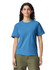 A blue adult heavyweight t-shirt displayed on a model, featuring short sleeves and a crew neckline.