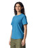 A blue heavyweight adult t-shirt displayed on a model with curly hair, featuring a simple design and logo.