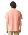 A man wearing a back view of a coral adult heavyweight T-shirt. The shirt has a plain design and short sleeves.
