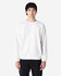 A white crewneck sweatshirt with long sleeves, featuring a relaxed fit and a simple design. It has a logo.