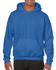 A blue Gildan Heavy Blend adult hooded sweatshirt featuring a front pocket and a hood, modelled by a smiling person.