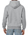 A grey hooded sweatshirt with a kangaroo pocket and a large hood, viewed from the back.