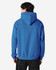 A blue hooded sweatshirt with a kangaroo pocket and a logo on the back.