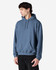 A blue hooded sweatshirt with a front pocket and drawstring hood, featuring a logo.