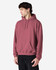 A maroon hooded sweatshirt with a front pocket and a drawstring hood, featuring a logo.