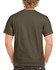 A plain adult t-shirt in olive green, viewed from the back. It features short sleeves and a label at the collar.