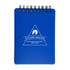 A blue spiral-bound notebook with a logo and a geometric design on the front cover.