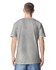 A grey unisex short sleeve t-shirt is displayed from the back, featuring a logo on the neckline.