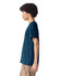 A side view of an American Apparel unisex fine jersey short sleeve t-shirt in teal. The model has curly hair.
