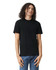 A black unisex fine jersey short sleeve t-shirt displayed on a model, featuring a simple design and relaxed fit.