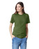 A unisex fine jersey short sleeve t-shirt in a rich green colour, displayed on a model with hands in pockets.
