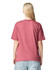 A back view of a pink unisex short sleeve T-shirt, featuring a simple design and casual fit.