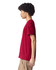 A maroon unisex short sleeve t-shirt displayed on a model from the side, featuring a plain design and a logo.