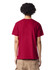 A unisex short sleeve t-shirt in red with a plain back view and a logo on the tag.