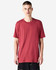 A unisex CVC short sleeve t-shirt in a burgundy colour, featuring a model wearing it and a plain design.