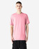 A unisex short sleeve T-shirt in pink, featuring a crew neck and a plain design, with a logo present.