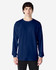 A long sleeve t-shirt in navy blue, featuring a simple design and a logo on the front.