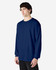A navy long sleeve t-shirt on a model, featuring a round neckline and a simple design. The shirt has a logo.