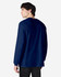 A navy blue long sleeve t-shirt for adults, featuring a simple design and a logo on the garment.