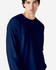 A navy long sleeve T-shirt designed for adults, displayed on a model with a neutral background.
