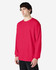 A red long sleeve T-shirt with a round neckline and a logo on the front, displayed on a model.