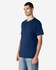 A navy adult T-shirt displayed on a model, featuring a basic design and a logo on the sleeve.