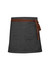 A dark grey waist apron with a brown tie belt and a single rear pocket. The apron features a logo on the fabric.