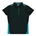 A dark green polo shirt with light blue accents and a collar, featuring a button-down placket and a logo.