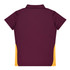 A maroon polo shirt with yellow side panels and a collar, featuring a branded logo.