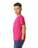A youth T-shirt in vibrant pink, featuring a casual fit and short sleeves, displayed on a young model.