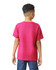 A youth T-shirt in vibrant pink, featuring short sleeves and a solid back design. There is a logo present.