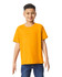 A youth T-shirt in vibrant yellow, featuring short sleeves and a relaxed fit. It has a visible logo.