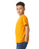 A youth t-shirt in vibrant orange, featuring a simple design and a logo on the front. The model poses sideways.