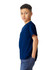 A navy blue Gildan Heavy Cotton Youth T-Shirt on a young model, featuring short sleeves and a simple design.
