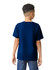 A navy youth t-shirt with short sleeves, viewed from the back, featuring a logo.