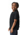 A black youth t-shirt displayed on a model, featuring a round neckline and short sleeves. The shirt has a logo.