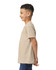 A youth t-shirt in beige, displayed from the side, with a logo on it.