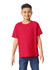 A red Gildan Heavy Cotton Youth T-Shirt displayed on a smiling child, featuring short sleeves.