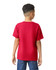 A red youth T-shirt with short sleeves, viewed from the back. It features a plain design and has a logo.