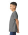 A youth t-shirt in grey, featuring a crew neck and short sleeves, displayed from the side view.